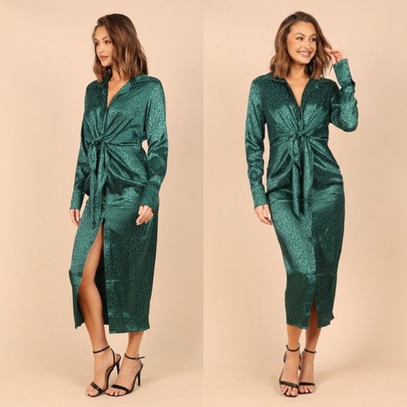 Petal & Pup Dresses & Skirts - Petal & Pup NEW Tanzy Satin Long Sleeve Midi Shirt Dress Emerald Green Size XS